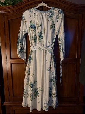 Floral Long-Sleeve Midi Dress in White and Blue